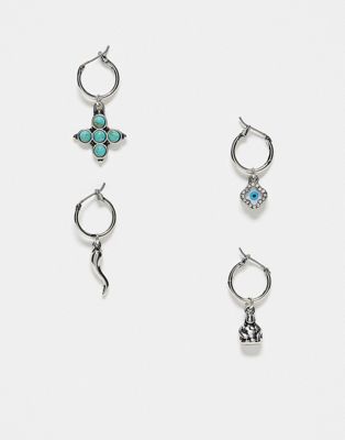 ASOS DESIGN 4 pack single hoop earrings set with turquoise semi precious pendants in silver tone