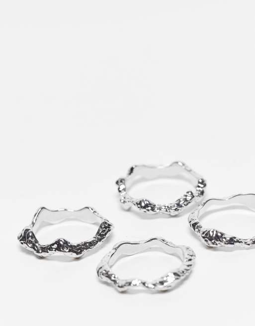 ASOS DESIGN 4-pack stacking rings in hammered design in silver tone, 2 of 3