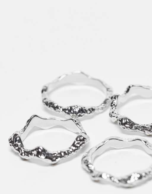 ASOS DESIGN 4-pack stacking rings in hammered design in silver tone, 3 of 3