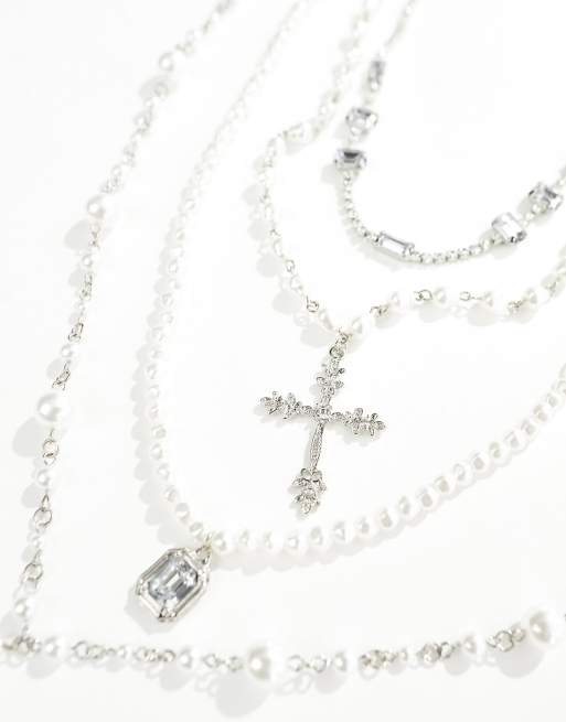 ASOS Design 2 Pack Layered Crystal Tennis Chain and Faux Pearl Necklace-Silver