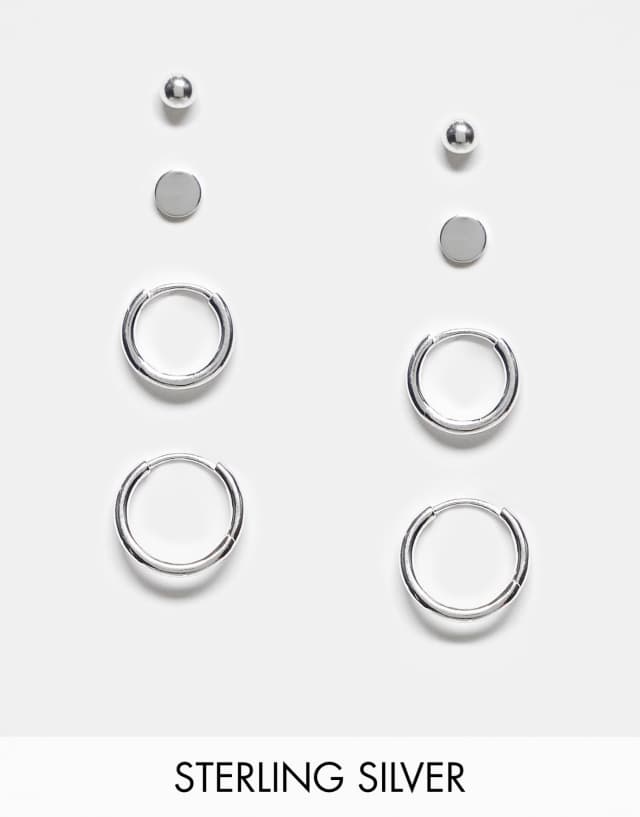 ASOS DESIGN 4 pack sterling silver stud and hoop earrings set