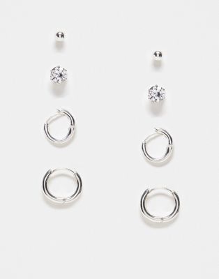 ASOS DESIGN 4 pack stud and hoop earrings set with crystal in real silver plate