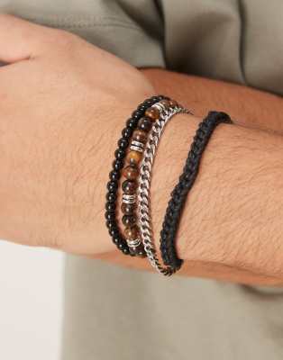 Asos Design 4 Pack Tigers Eye And Obsidian Semi-precious Beaded Bracelet In Brown