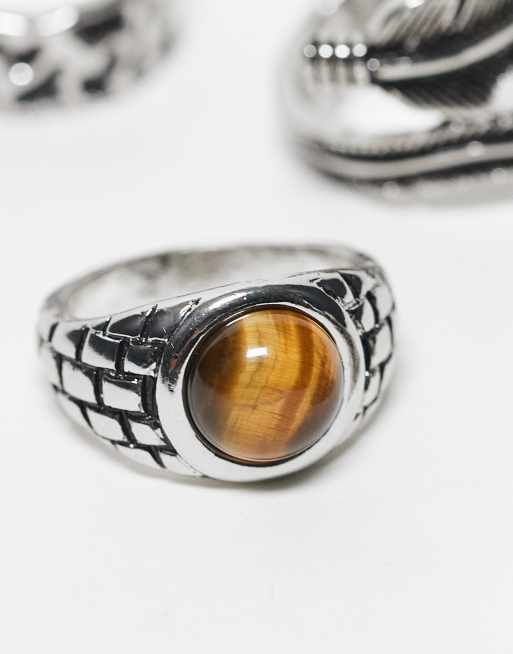 ASOS DESIGN 4 pack wrap around feather and stone signet rings in silver tone
