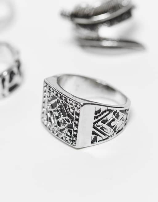 ASOS DESIGN 4 pack wrap around feather and stone signet rings in silver tone