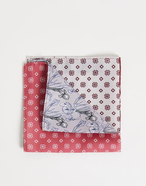 ASOS DESIGN 4 way pocket square in red and blue prints