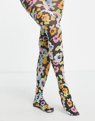 ASOS DESIGN 40 denier dark base bright floral printed tights in multi - ASOS Price Checker