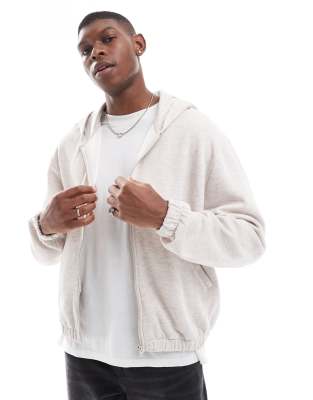 400g heavyweight boxy oversized zip through hoodie in oatmeal heather-White