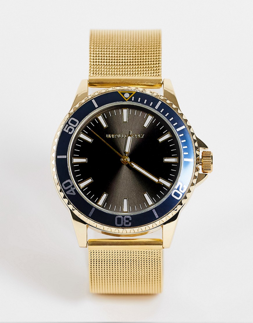 ASOS DESIGN 40mm mesh watch with teal detail in gold tone