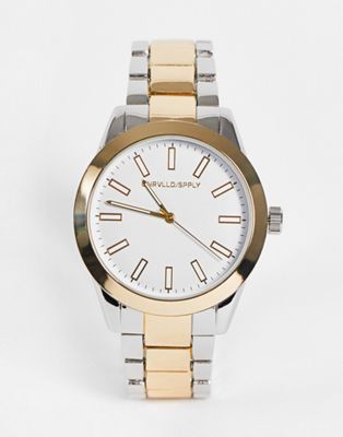 ASOS DESIGN 41mm bracelet watch with white face in silver and gold tone