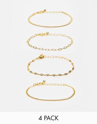 ASOS DESIGN - 4er-Pack 14-karätig vergoldete Armbänder mit verschiedenen Kettendesigns-Goldfarben