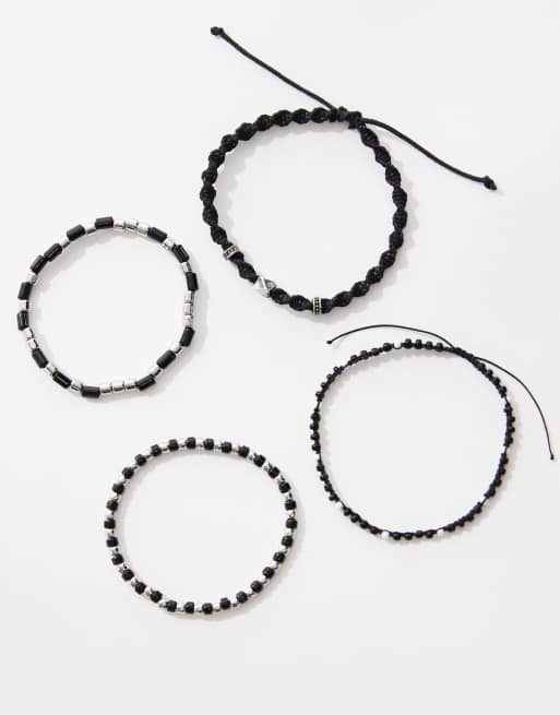 ASOS DESIGN – 4er-Pack Armbänder in Schwarz mit Perlen- und Stoffdetails, 2 von 3