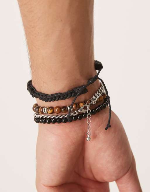 ASOS DESIGN – 4er-Pack Armbänder mit mehrfarbigen Halbedelstein-Perlen aus Tigerauge und Obsidian, 2 von 3
