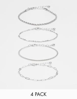 ASOS DESIGN - 4er-Pack feine silberfarbene Kettenarmbänder