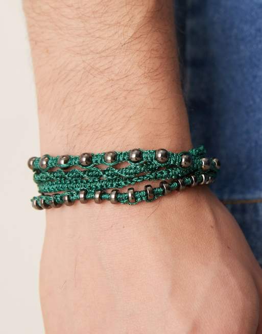 ASOS DESIGN – 4er-Pack Festival-Stoffarmbänder in Grün mit Elementen aus Metall und Kunstperlen, 3 von 3