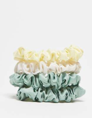 ASOS DESIGN - 4er-Pack Mini-Scrunchie-Haargummis in Cremeweiß, Grün und Buttergelb-Bunt