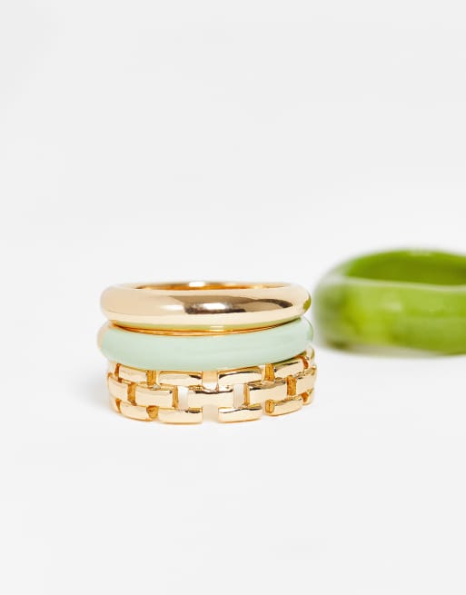 ASOS DESIGN – 4er-Pack Ringe aus verschiedenen Kunststoffen in Grün und in Goldoptik, 2 von 4