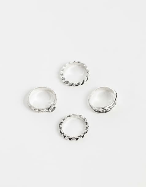 ASOS DESIGN – 4er-Pack Ringe in Altsilber-Optik mit Kreuzdesign, verdrehter Optik und Kettendesign - view 1