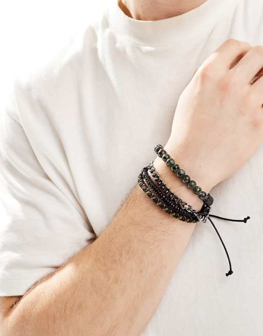 ASOS DESIGN – 4er-Set Perlenarmbänder in Schwarz- und Grüntönen