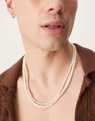 Asos Design 4mm And 6mm Double Row Faux Pearl Necklace-white