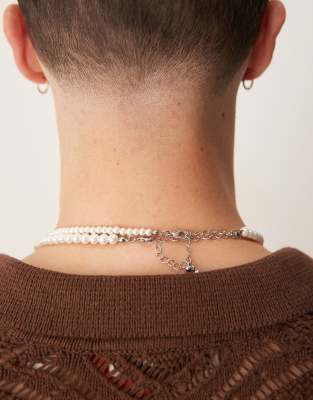 Asos Design 4mm And 6mm Double Row Faux Pearl Necklace-white