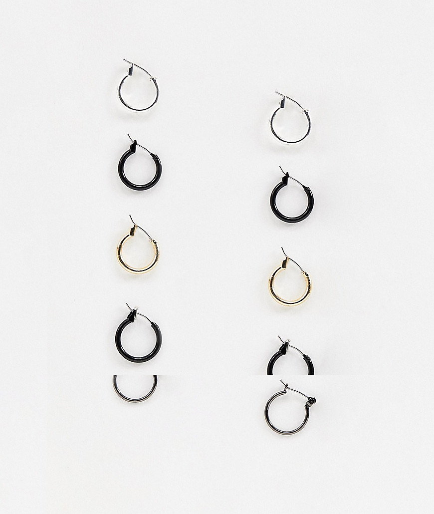 ASOS DESIGN 5 pack 10mm and 12mm hoop earrings in black gold and silver tone-Multi