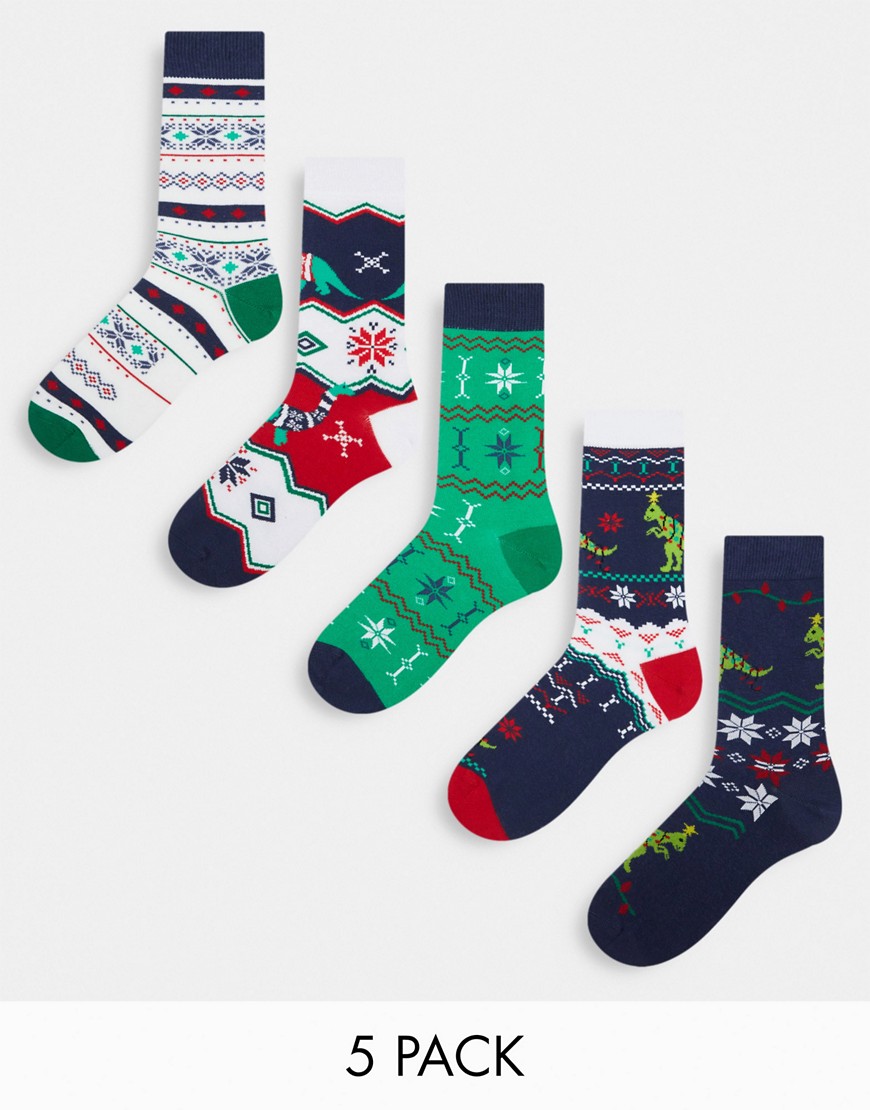 ASOS DESIGN 5 pack ankle socks in Christmas fairisle in red, blue and green-Navy