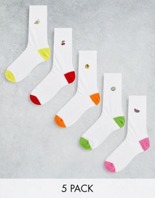 ASOS DESIGN 5 pack ankle socks in white with fruit embroidery