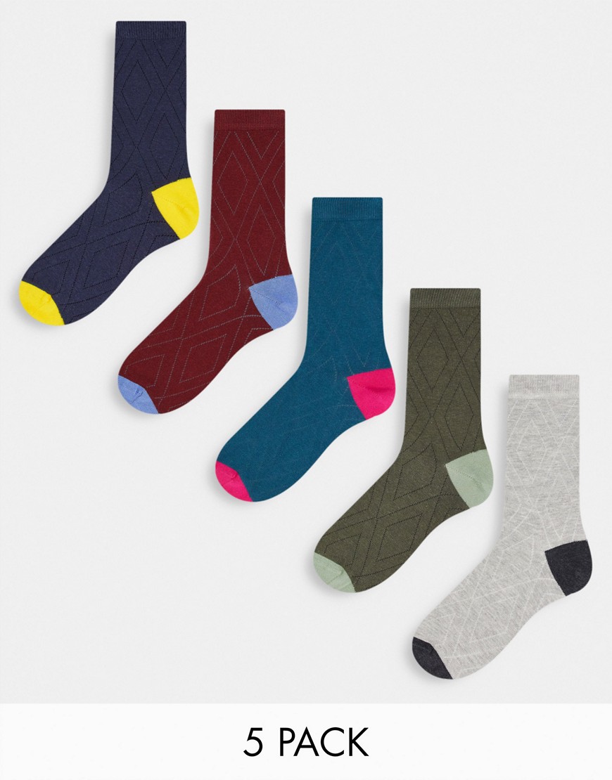 ASOS DESIGN 5 pack ankle socks with argyle check-Multi