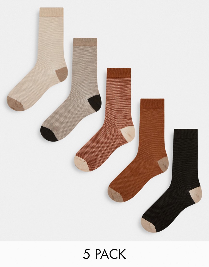 ASOS DESIGN 5 pack ankle socks with waffle texture in bronze tones-Multi
