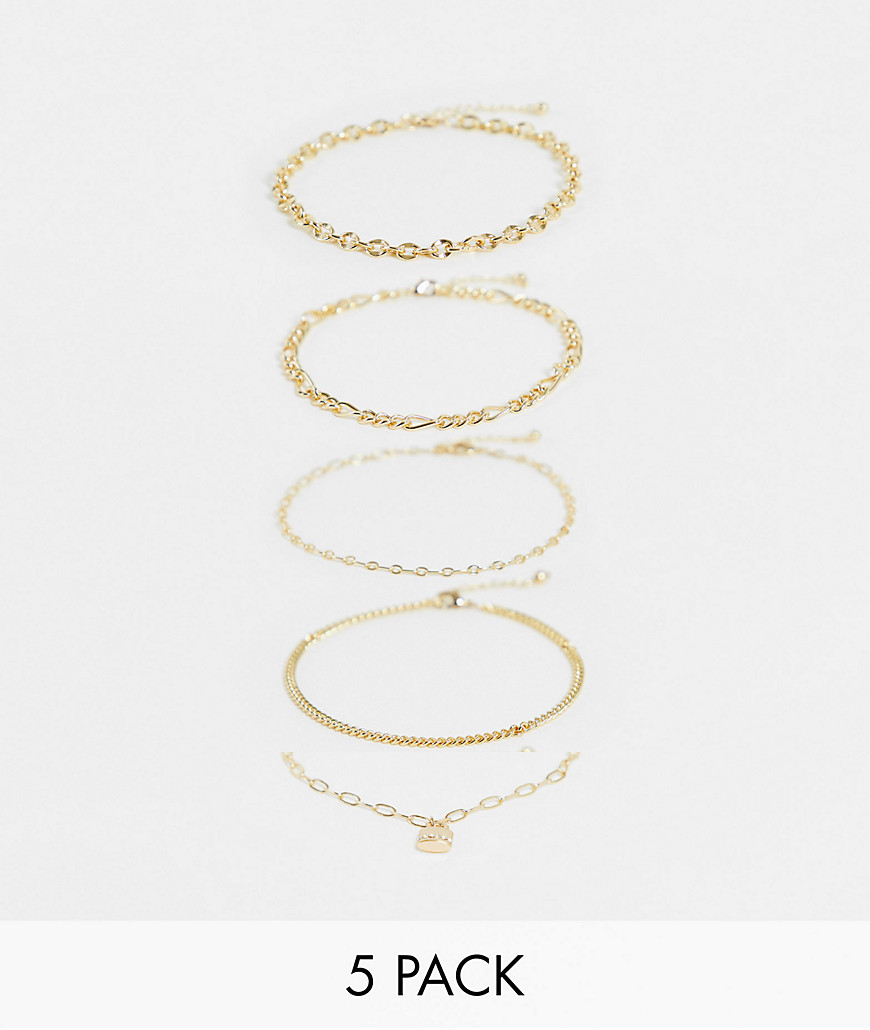 ASOS DESIGN 5-pack anklets with baby padlock and mixed chains in gold tone