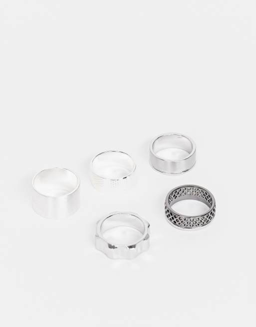 ASOS DESIGN 5 pack band ring set in industrial design in silver tone | ASOS