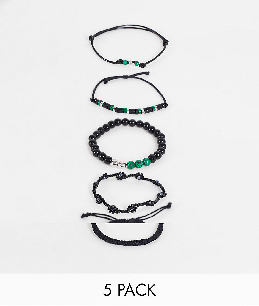 ASOS DESIGN 5 pack bead and cord bracelet set with green semi precious stones in black
