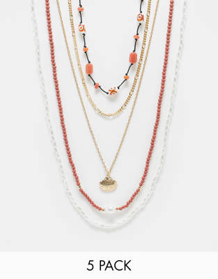 5 pack bead and cord necklace set in multi-Red