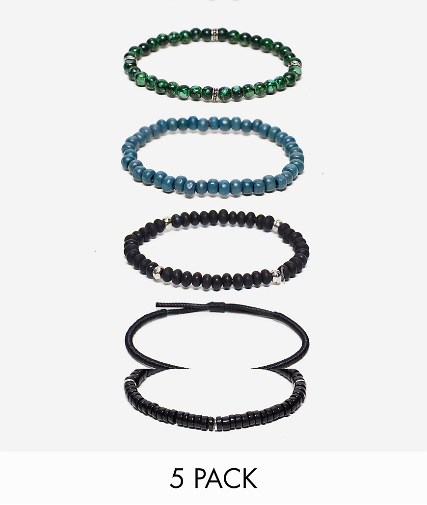 ASOS DESIGN 5 pack beaded and cord bracelet set in black and green tones