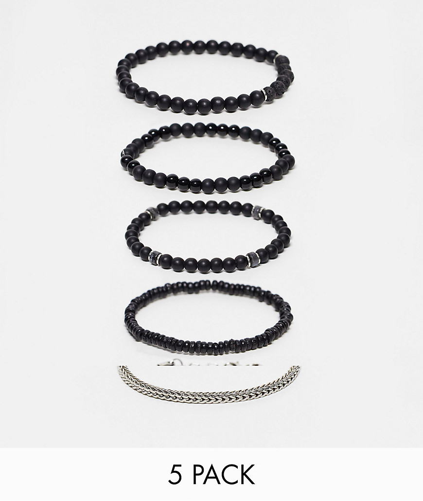 ASOS DESIGN 5-pack beaded and cord bracelets in black and silver