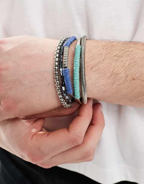 ASOS DESIGN 5 pack beaded bracelet with mixed chain and bangles in silver tone - view 1