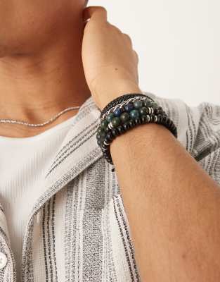 Asos Design 5 Pack Beaded Bracelets With Chain And Fabric
