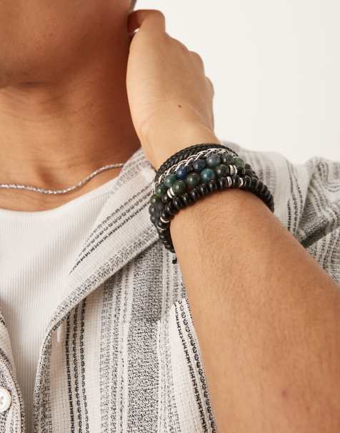 ASOS DESIGN 5 pack beaded bracelets with chain and fabric in black - view 1