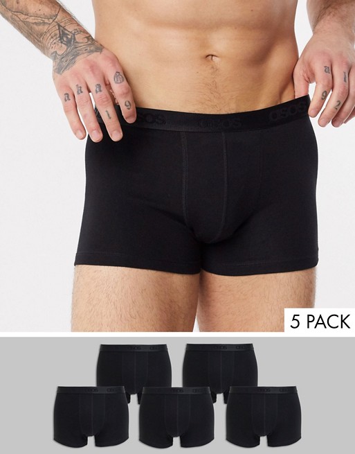 ASOS DESIGN 5 pack black trunk in black with shiny branded waistband