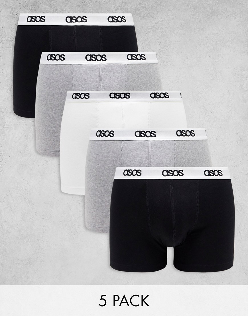 Asos Design 5 Pack Trunks With Branded Waistband In Black/gray/white-multi