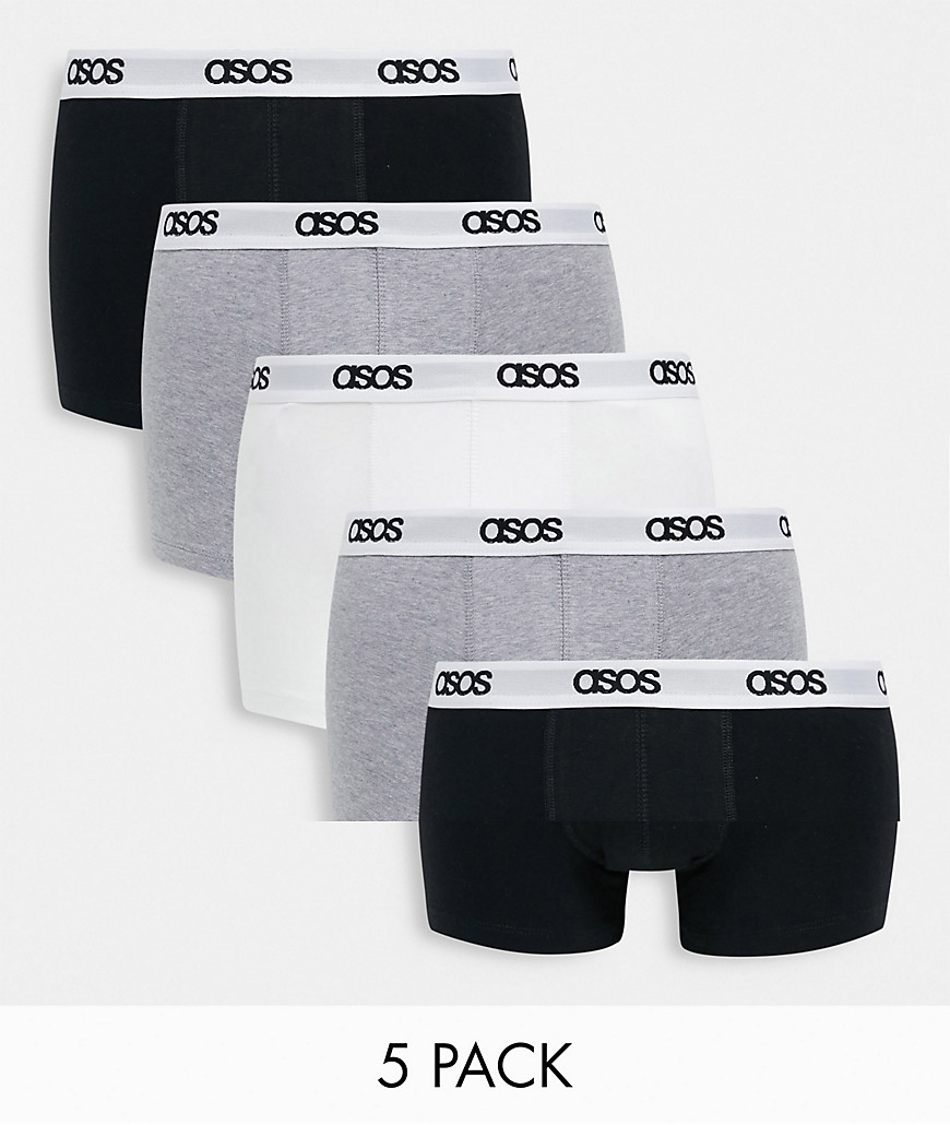 ASOS DESIGN 5 PACK TRUNKS WITH BRANDED WAISTBAND IN BLACK/GRAY/WHITE-MULTI,COLORADO P
