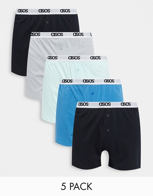ASOS DESIGN 5 pack boxers in black blue & grey colours