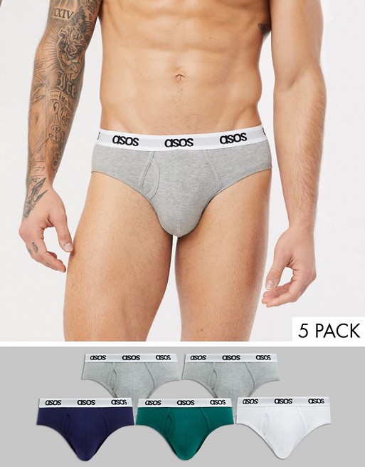 ASOS DESIGN 5 pack brief in navy grey and green with branded waistband saving