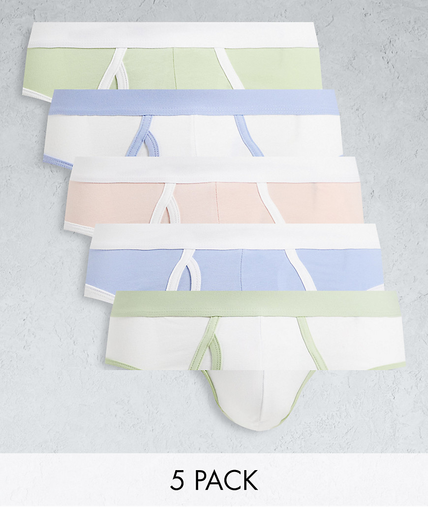 ASOS DESIGN 5 pack briefs with contrast pastel waistbands-Multi