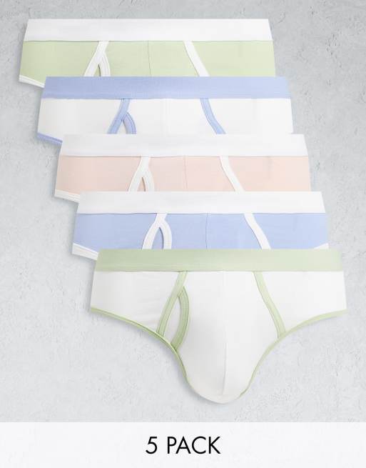 ASOS DESIGN 5 pack briefs with contrast pastel waistbands, 1 of 4