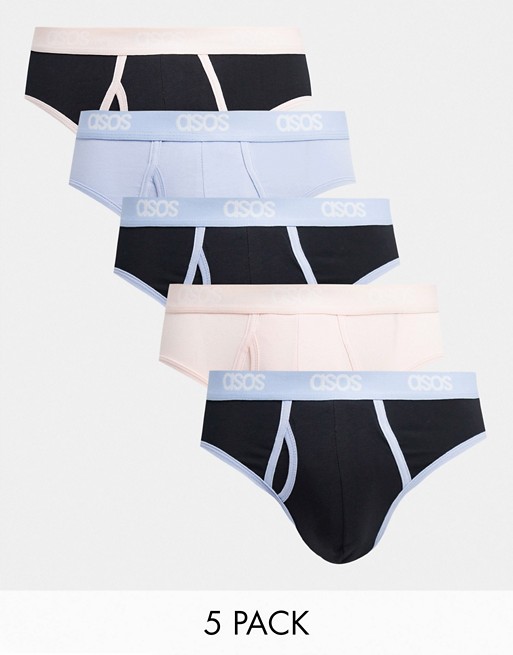 ASOS DESIGN 5 pack briefs with pastel waistbands