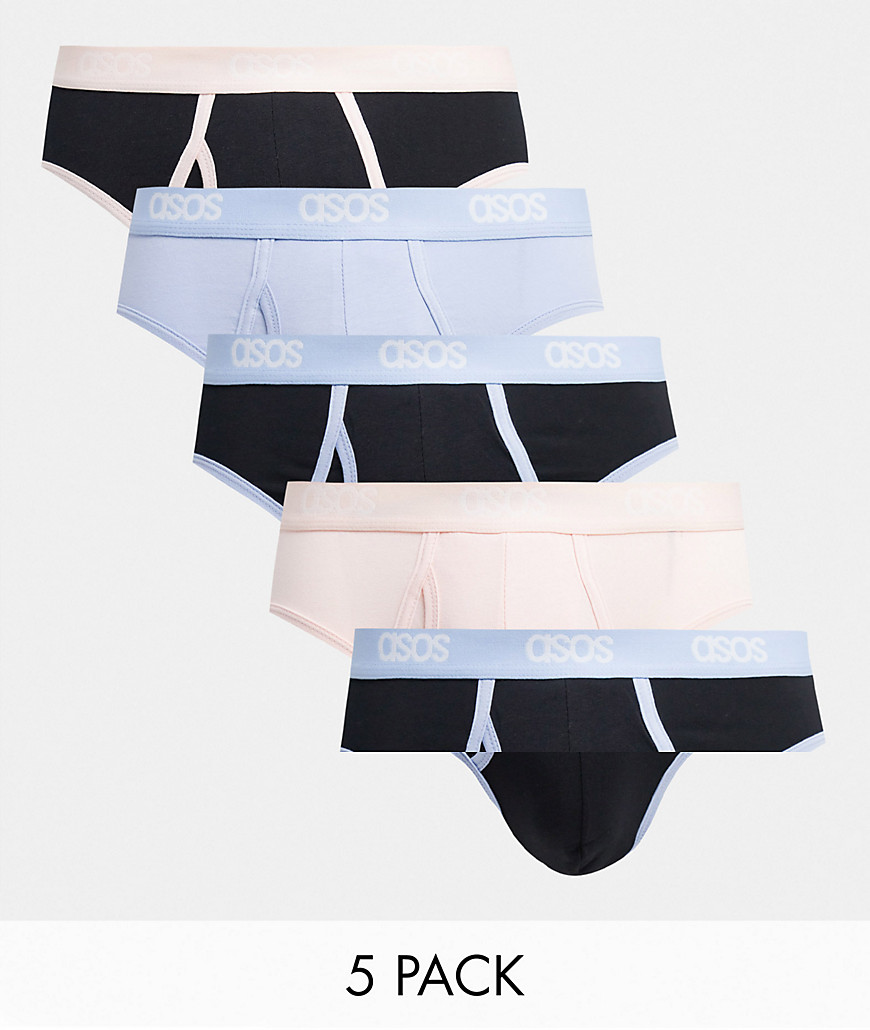 ASOS DESIGN 5 pack briefs with pastel waistbands-Multi