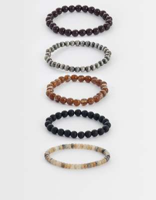 Asos Design 5 Pack Cat Eye And Marble Effect Beaded Bracelets In Multi