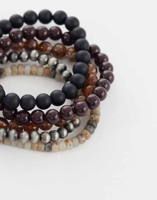 ASOS DESIGN 5 pack cat eye and marble effect beaded bracelets in brown, 2 of 3